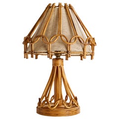 Lampada da tavolo di design francese, rattan, bambù, tessuto, Francia, anni '60