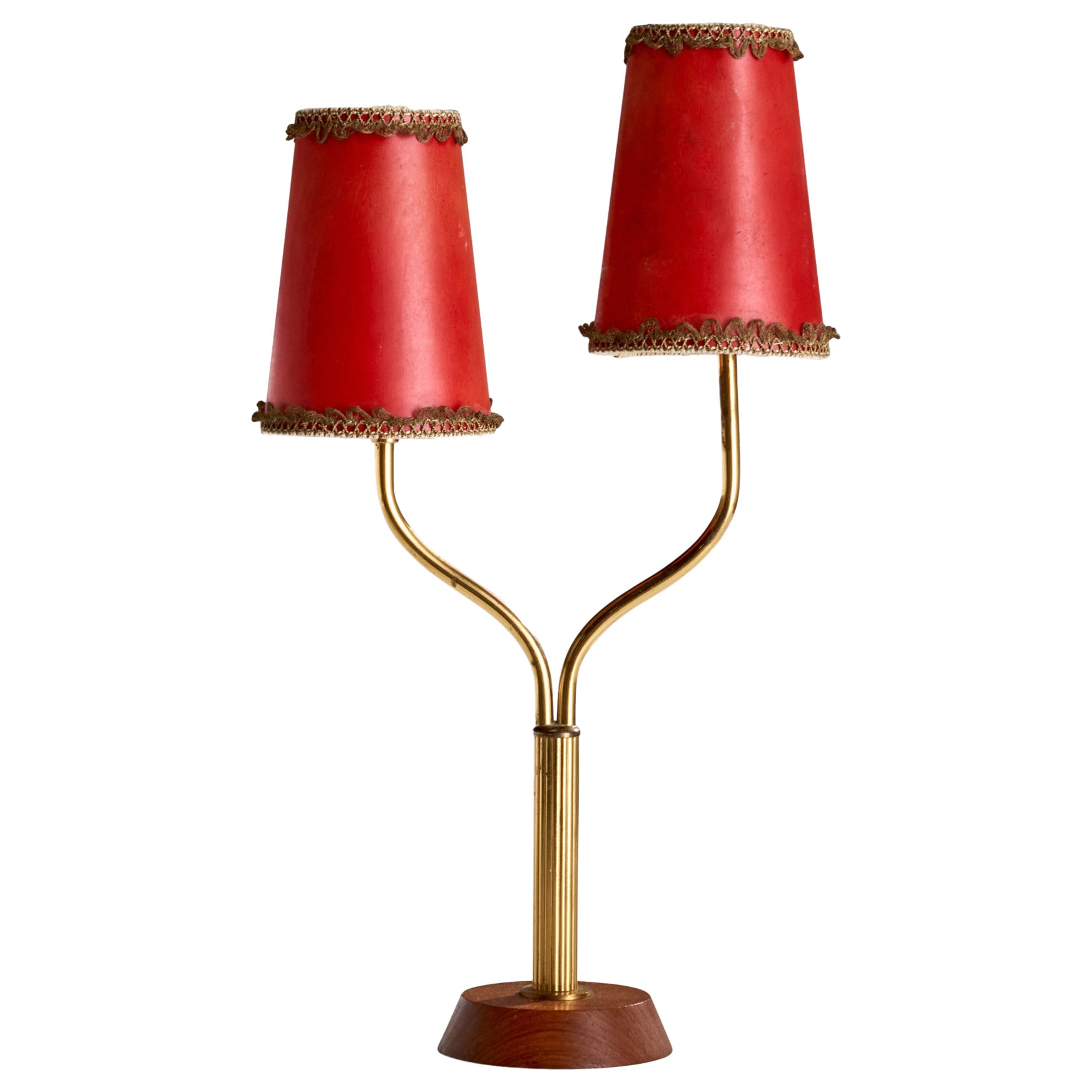 Ystad-Metall, Tischlampe, Messing, Teakholz, Pergamentpapier, Schweden, 1950er Jahre