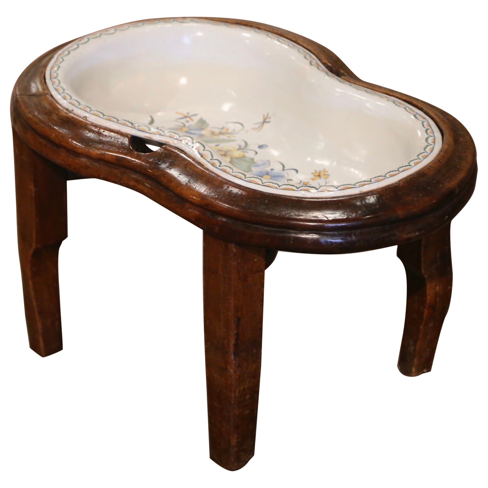 18th Century French Hand Painted Ceramic Bidet on Walnut Stand
