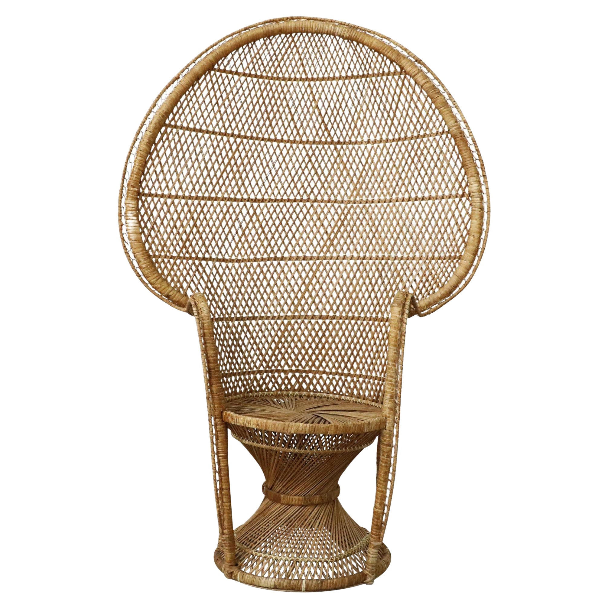 Mid-Century Woven Rattan Peacock High Back Lounge Chair with Armrests