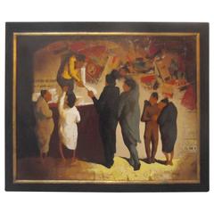 French Oil Painting and Collage on Board "Paperboy" 12