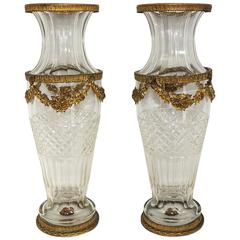 Wonderful Pair of French Bronze Ormolu-Mounted Crystal Floral and Ribbon Vases