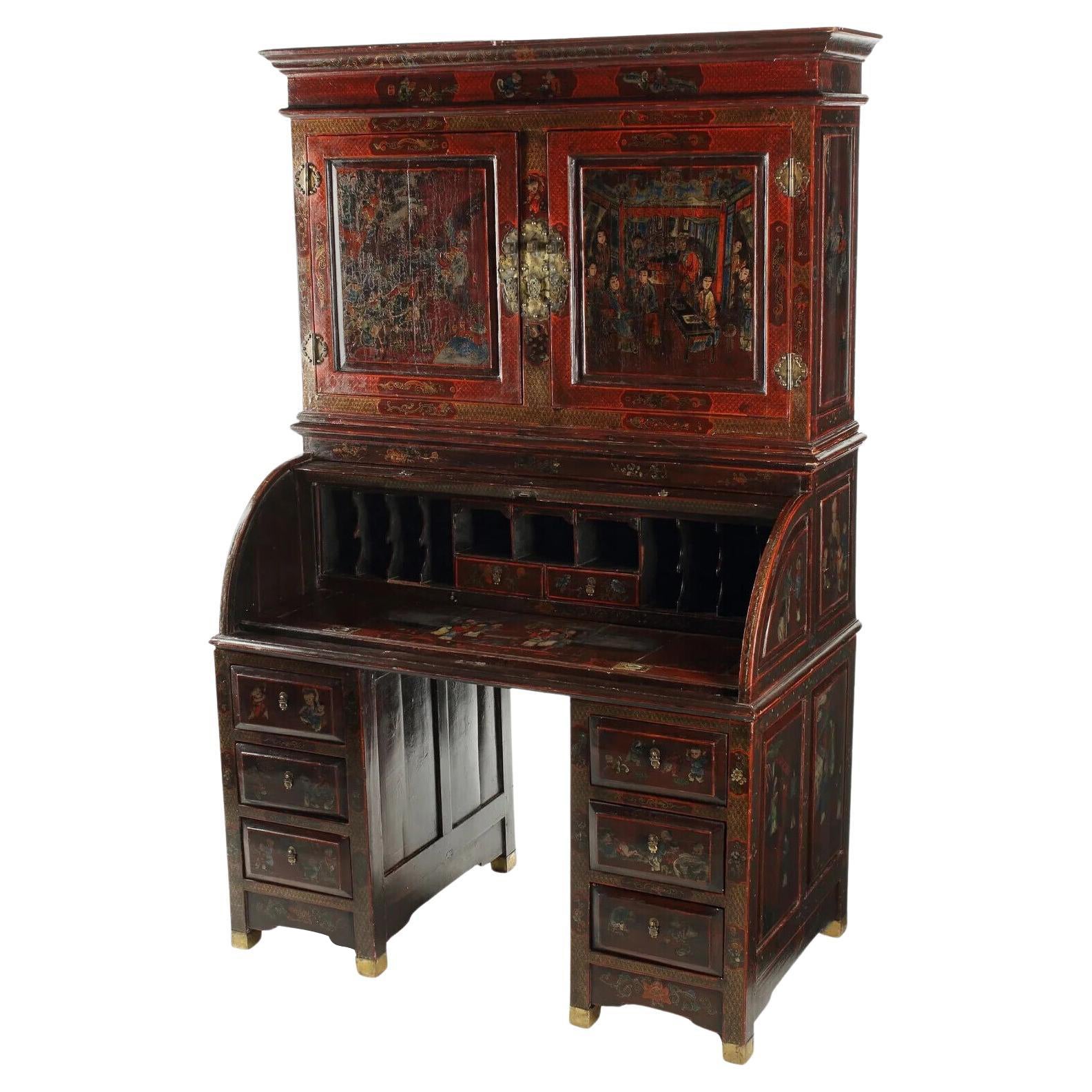 20. Jh. Vintage/Antik Bureau, Bücherregal, Chinesisch, Rot bemalt  Roll-Top-Schreibtisch