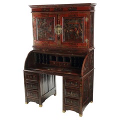 20th C. Vintage/Antique Bureau, Bookcase, Chinese, Painted Red  Roll-Top Desk