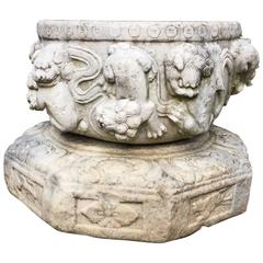 China large antique hand carved solid marble Planter Water Bowl & Base, 2pcs