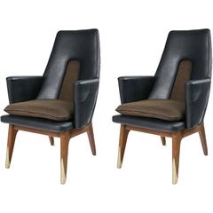 Pair of Adrian Pearsall Style Mid-Century Modern Walnut and Brass Side Chairs 