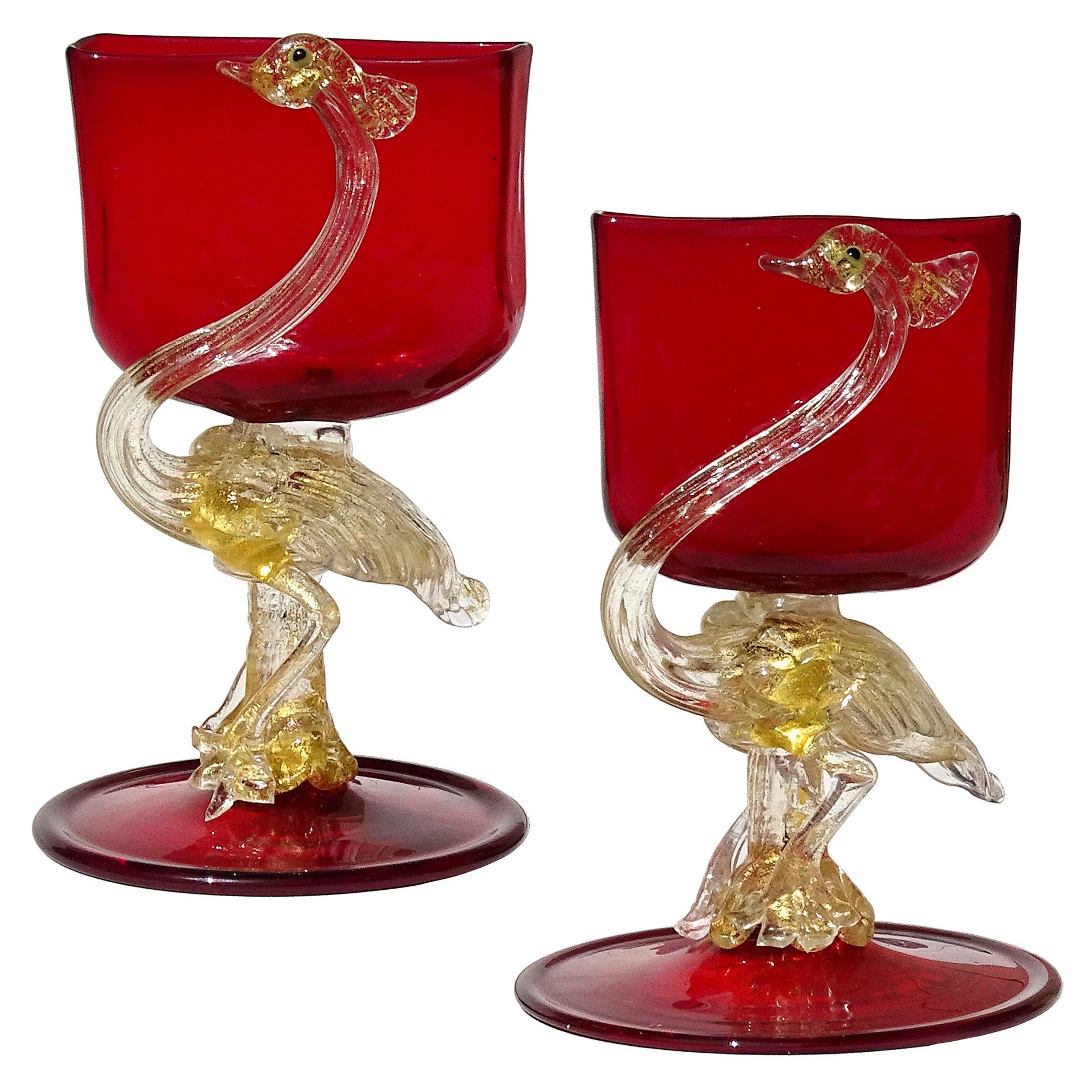Portavasos Veneciano Antiguo Rojo Rubí Motas Doradas Grulla de Vidrio Artístico Italiano en venta