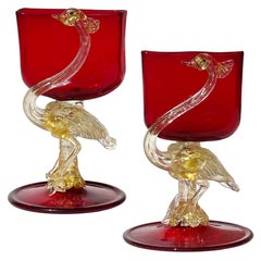 Venetian Antique Ruby Red Gold Flecks Crane Italian Art Glass Place Card Holders