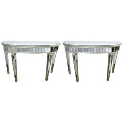 Pair of Demilune Glam Hollywood Regency Style Mirrored Consoles