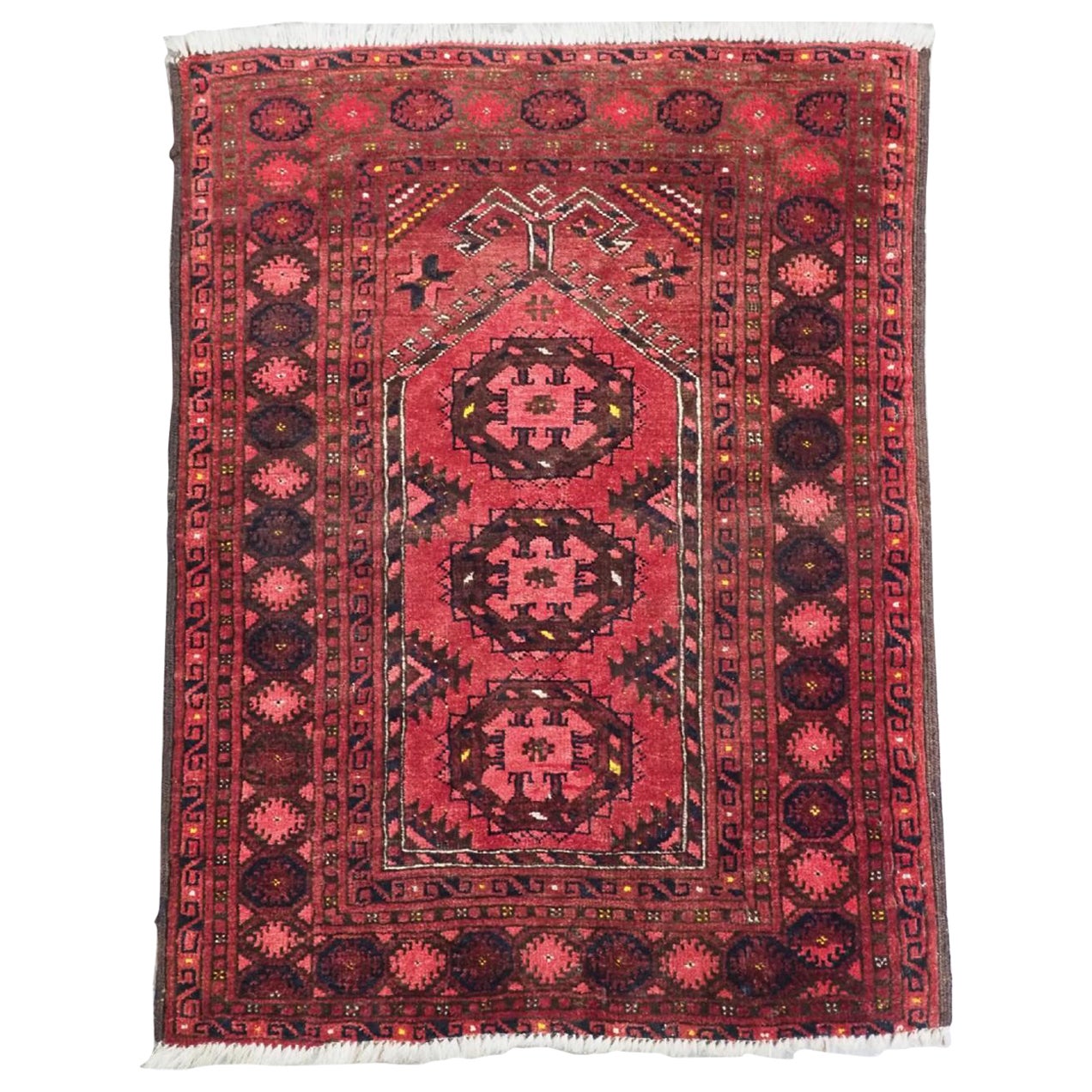 Antique Afghan Kizil Ayak Turkmen Prayer Rug With Rams Horns, Circa 1900 For Sale