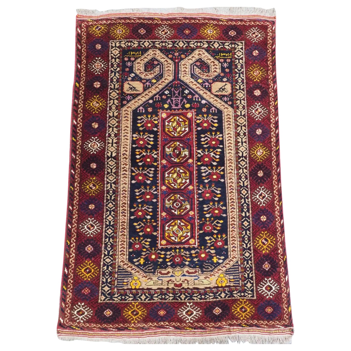 Vintage Afghan Beshir Turkmen Prayer Rug, Dated 1328, Circa 1950