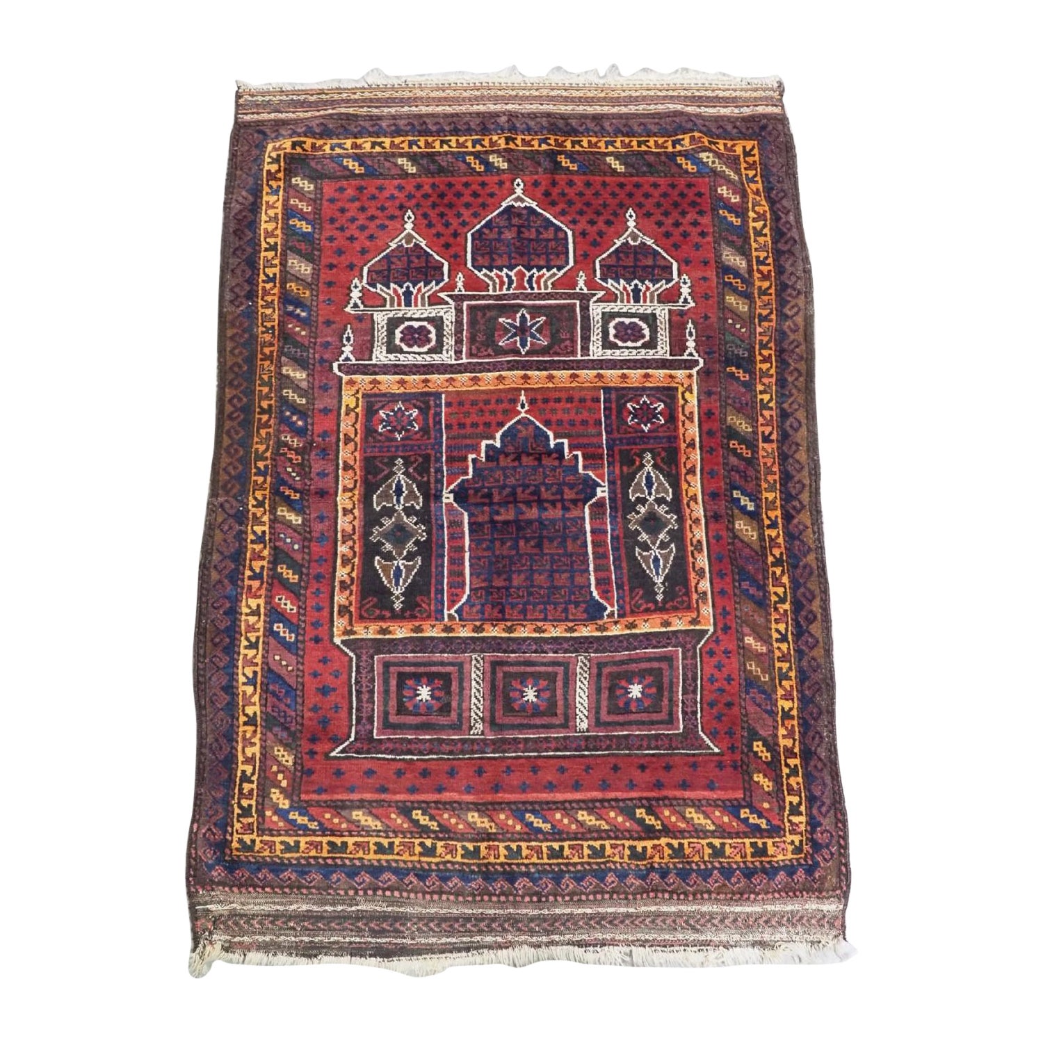 Antique Taimani Baluch 'Seh Mihrab' Prayer Rug, Circa 1900