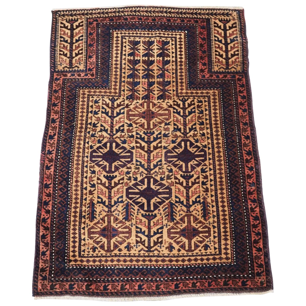 Antique Timuri Baluch Prayer Rug, Camel Ground, Circa 1880
