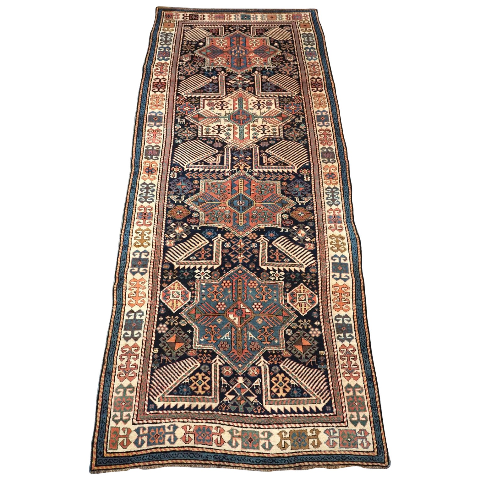 Antique Caucasian Akstafa Long Rug / Runner, Large Peacocks, Circa 1880