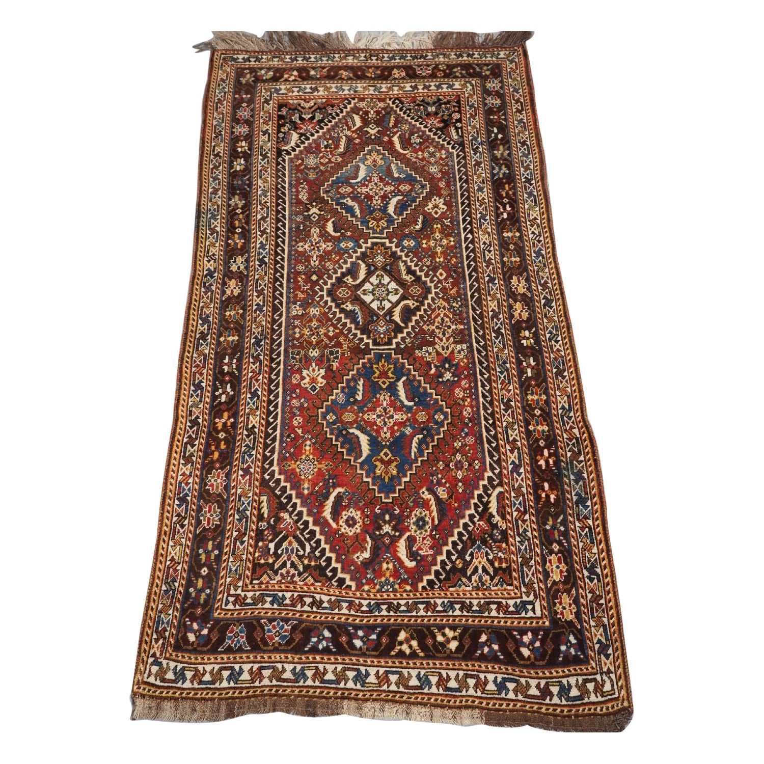 Antique Qashqai Long Rug With Triple Medallion Design, Circa 1900