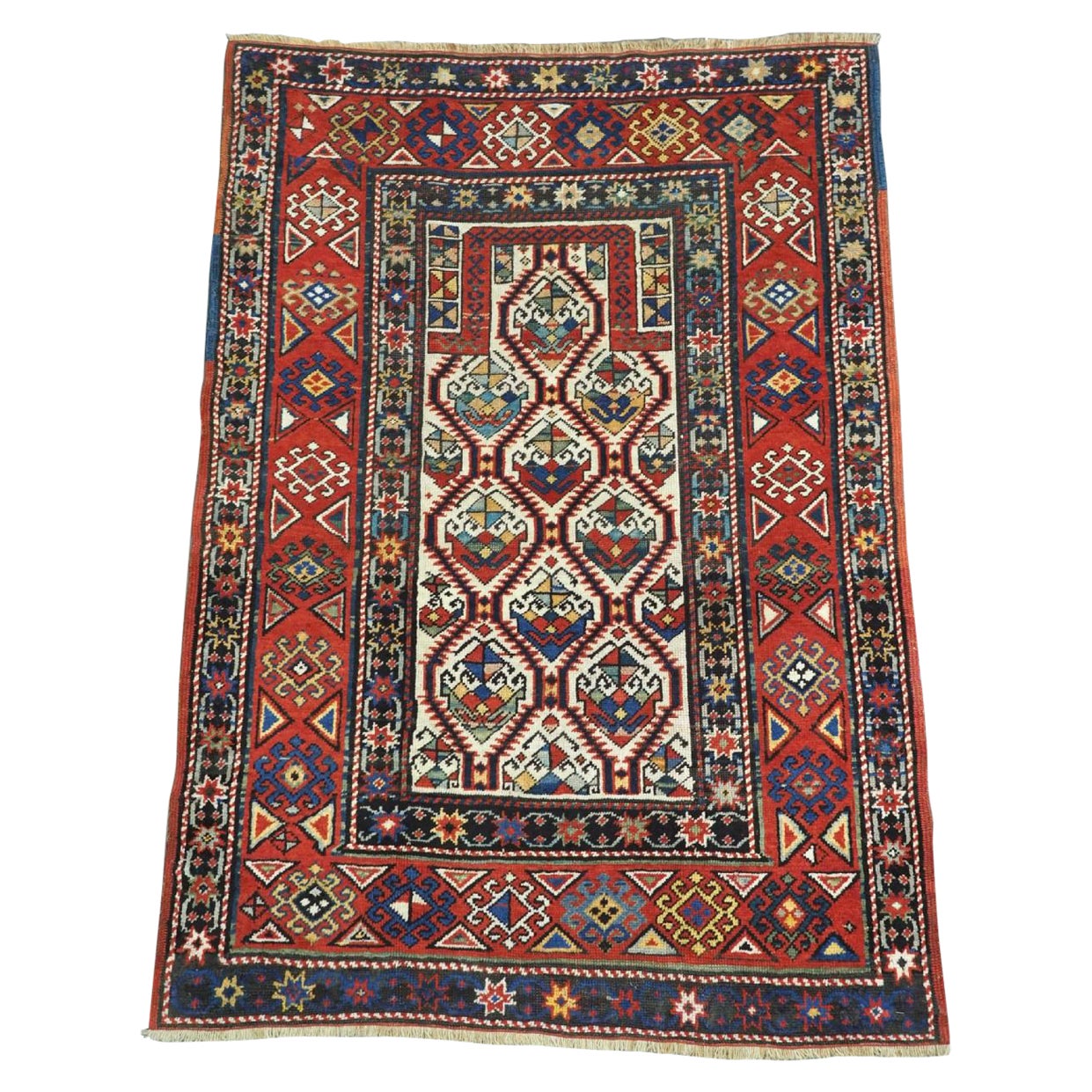 Ancien tapis de prière caucasien Gendje, motif en treillis floral, vers 1890