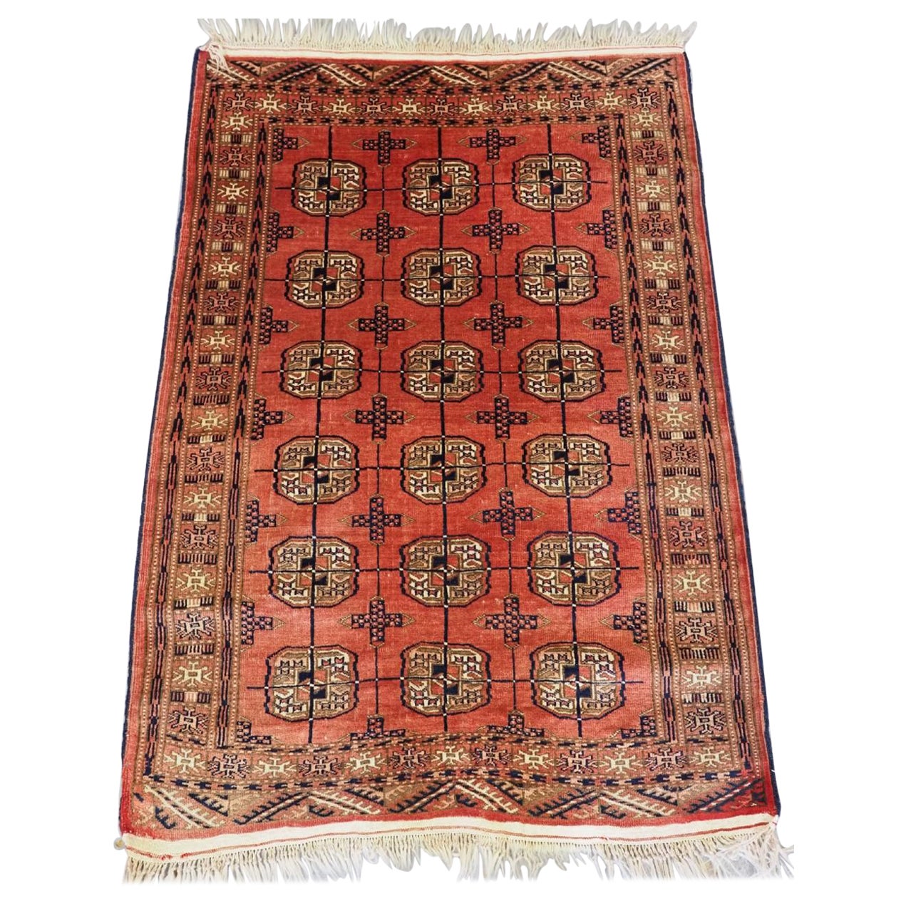 Vintage Yomut Turkmen Rug, Traditional Design with Faded Red, Circa 1930 For Sale