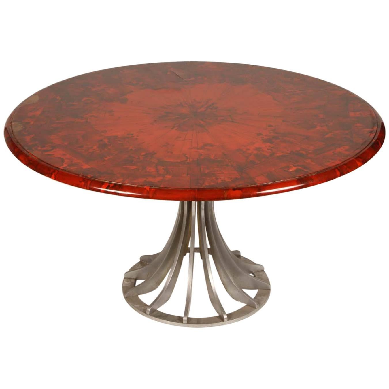 French 1940s Red Lacquered Table with Metal Base For Sale