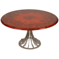 French 1940s Red Lacquered Table with Metal Base