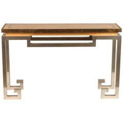Stainless Steel, Brass, and Oak Console Table Attributed to Jansen