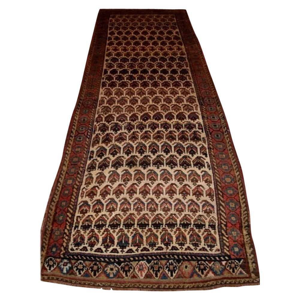 Antiker Kurdischer Läufer, elfenbeinfarbener Grund mit Boteh-Design, um 1900