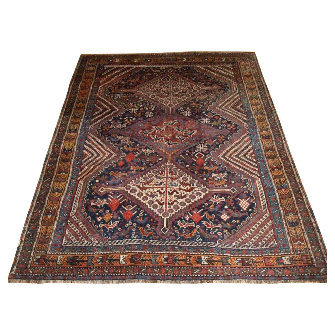 Antique Khamseh Tribal Rug, Pecking Chickens, Circa 1890
