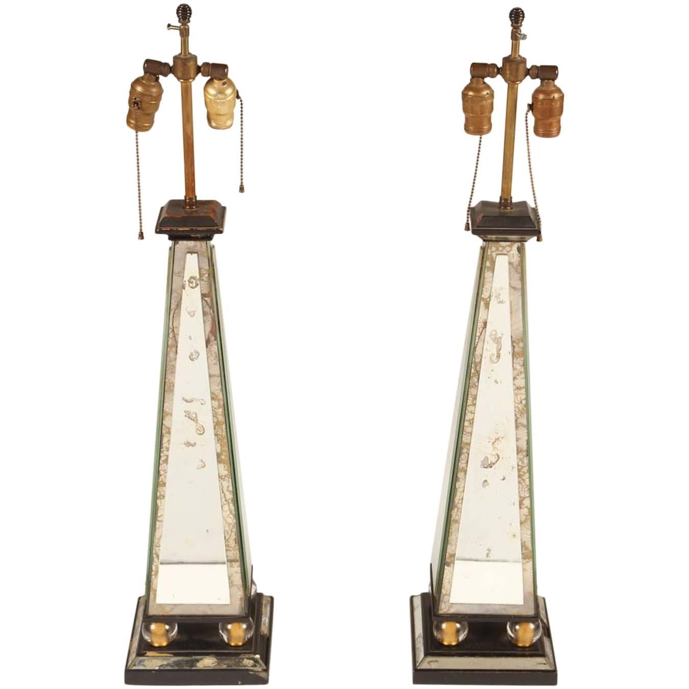 Pair of Mirrored Obelisk Form Table Lamps For Sale