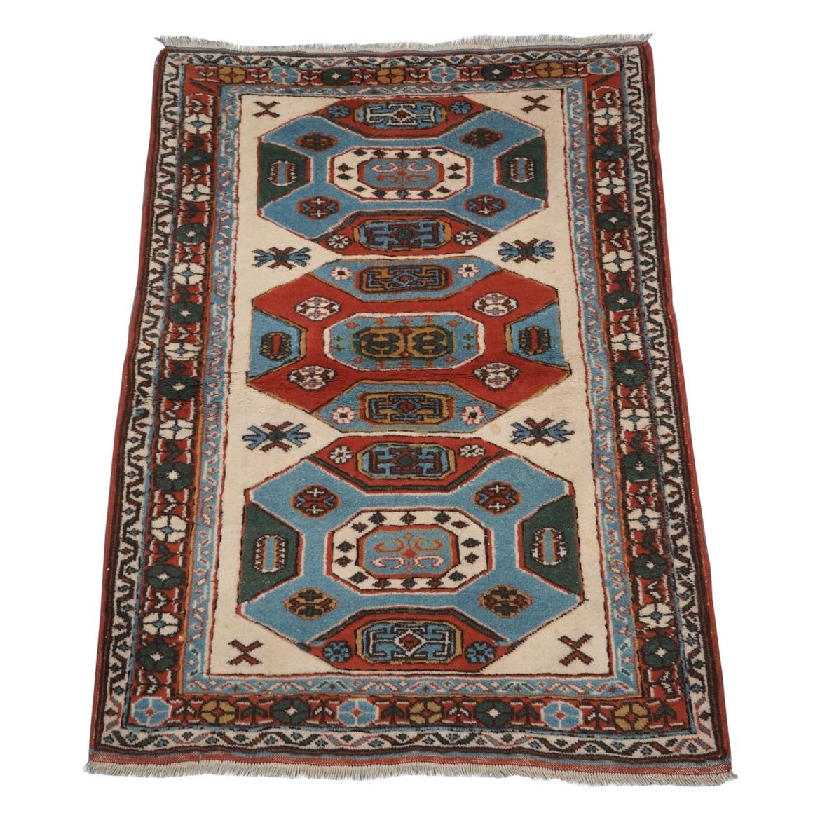 Vintage Turkish Kazak Rug Of Small Size, Octagon Design, Circa 1960