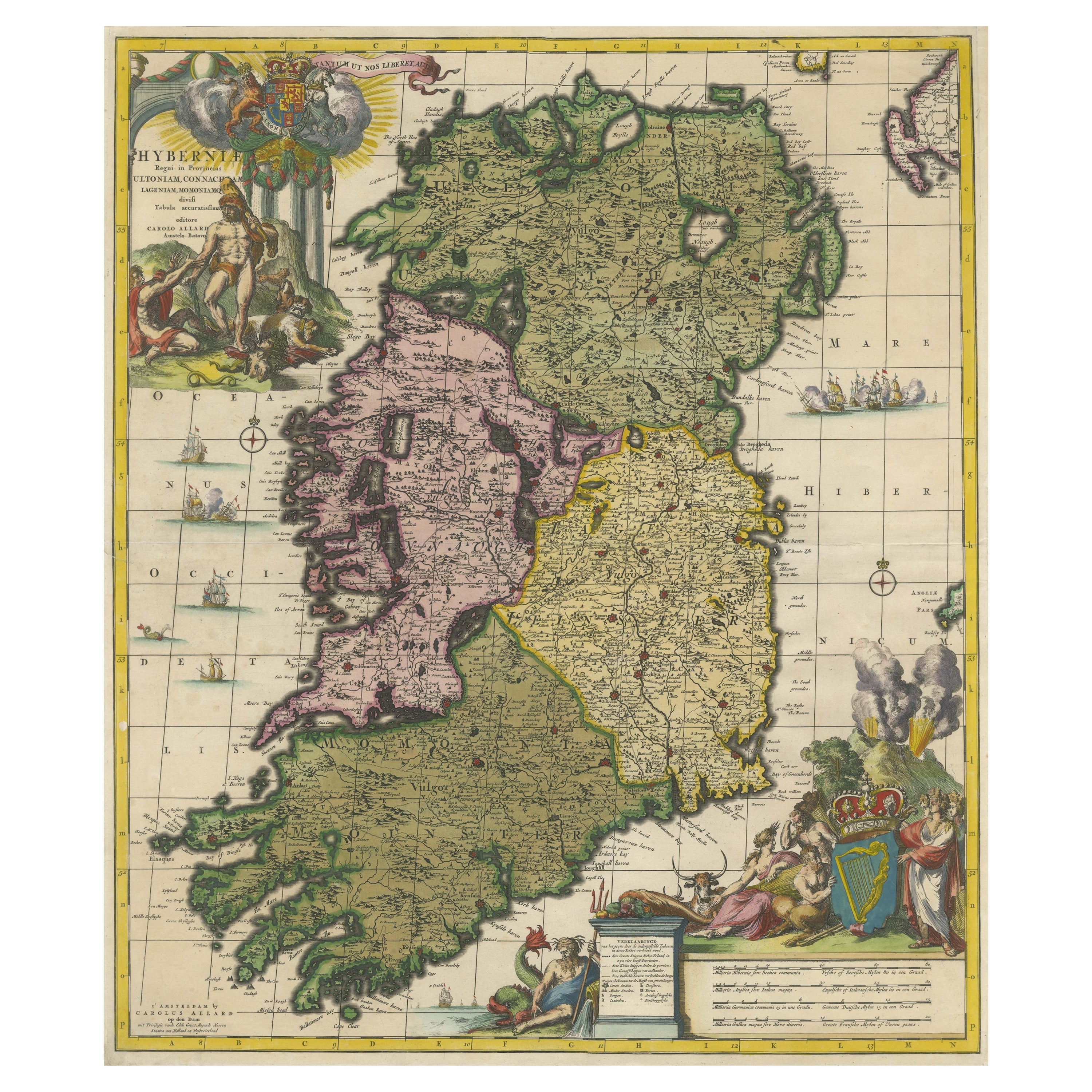 Hibernia Regnum Map by Carel Allard, 1700: Hand-Colored Provinces of Ireland For Sale