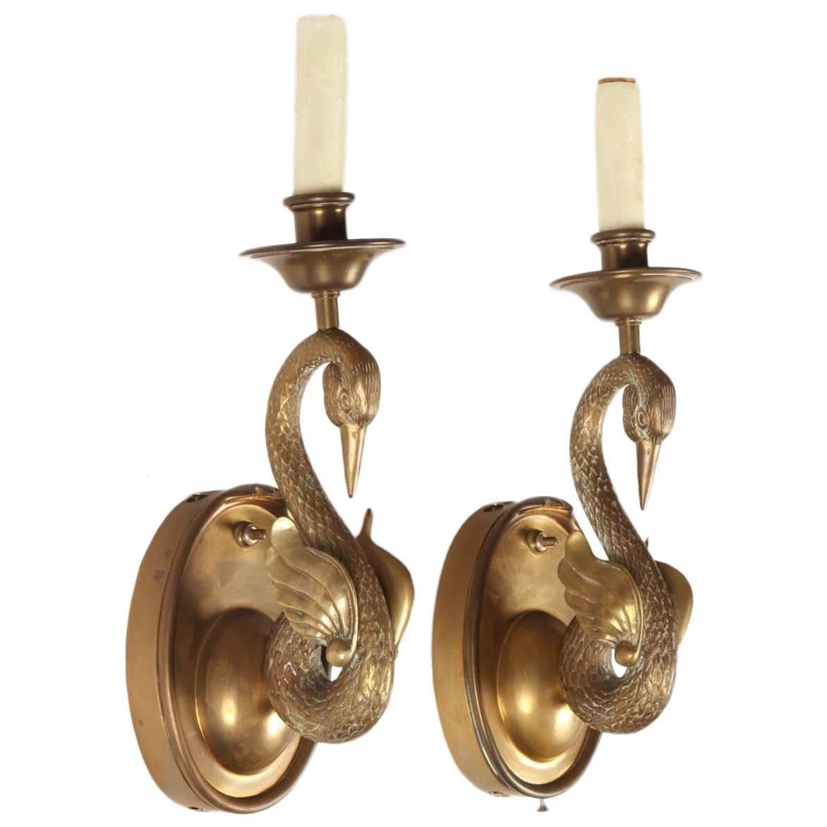 Sculpted Swan Motif Brass Sconces