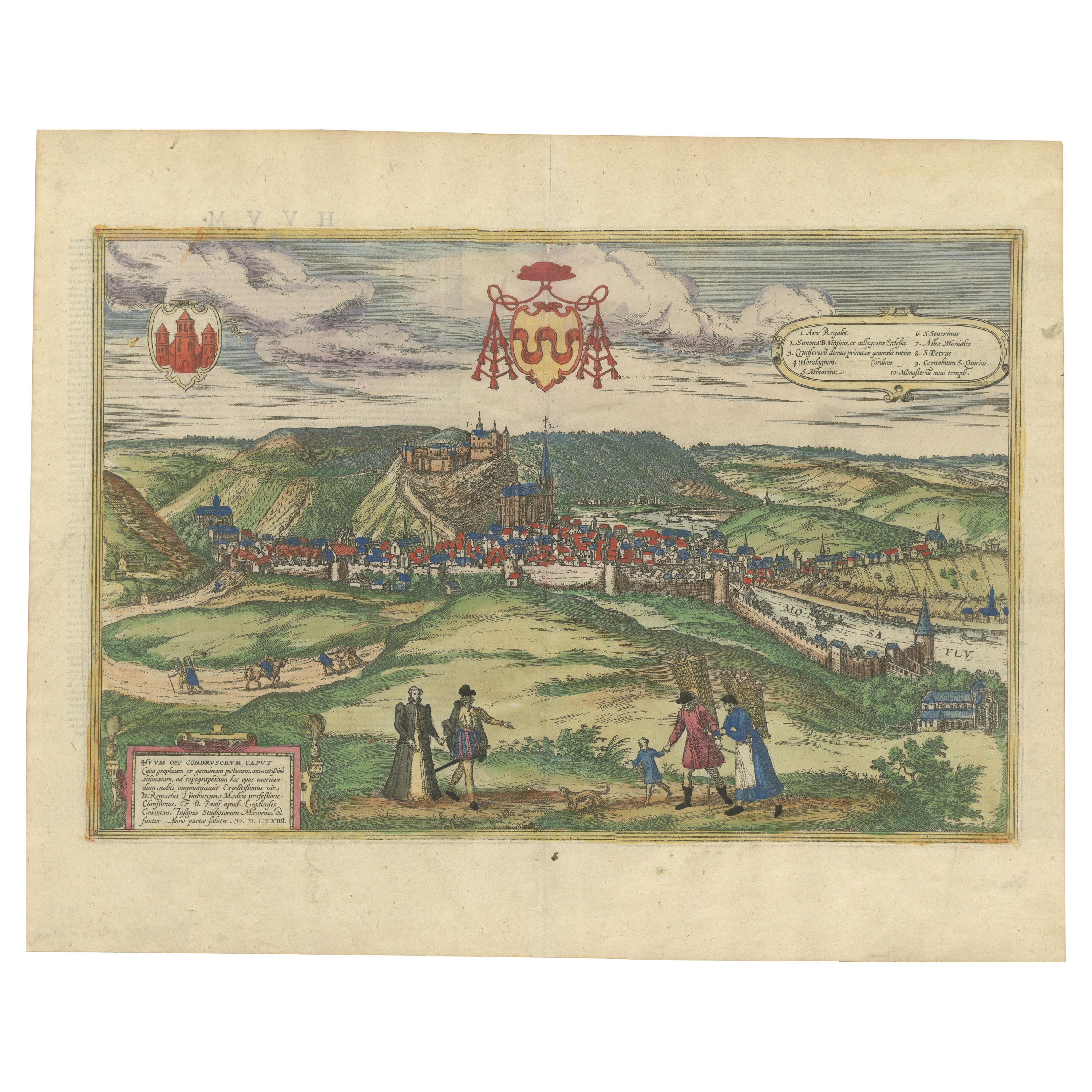 Huy (Huum) Cityscape 1574: Historical Copper Engraving by Braun & Hogenberg For Sale