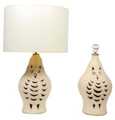 Pair of Exquisite Owl Ceramic Lamps Signed by Georges Pelletier