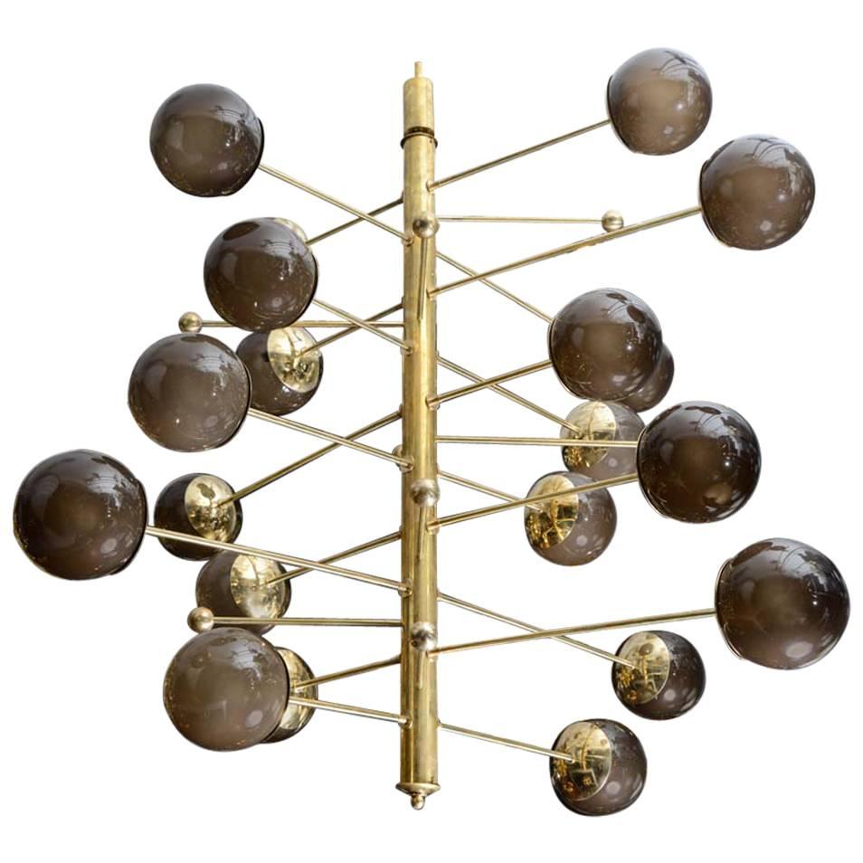 Brass Vertical Chandelier with Murano Glass Globes, Glustin Luminaires Creation