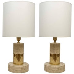 Pair of Mid-Century Travertine and Brass Lamps