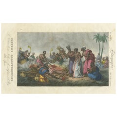 Antique Historical Depiction of a Widow's Sacrifice on a Funeral Fire in India, 1827