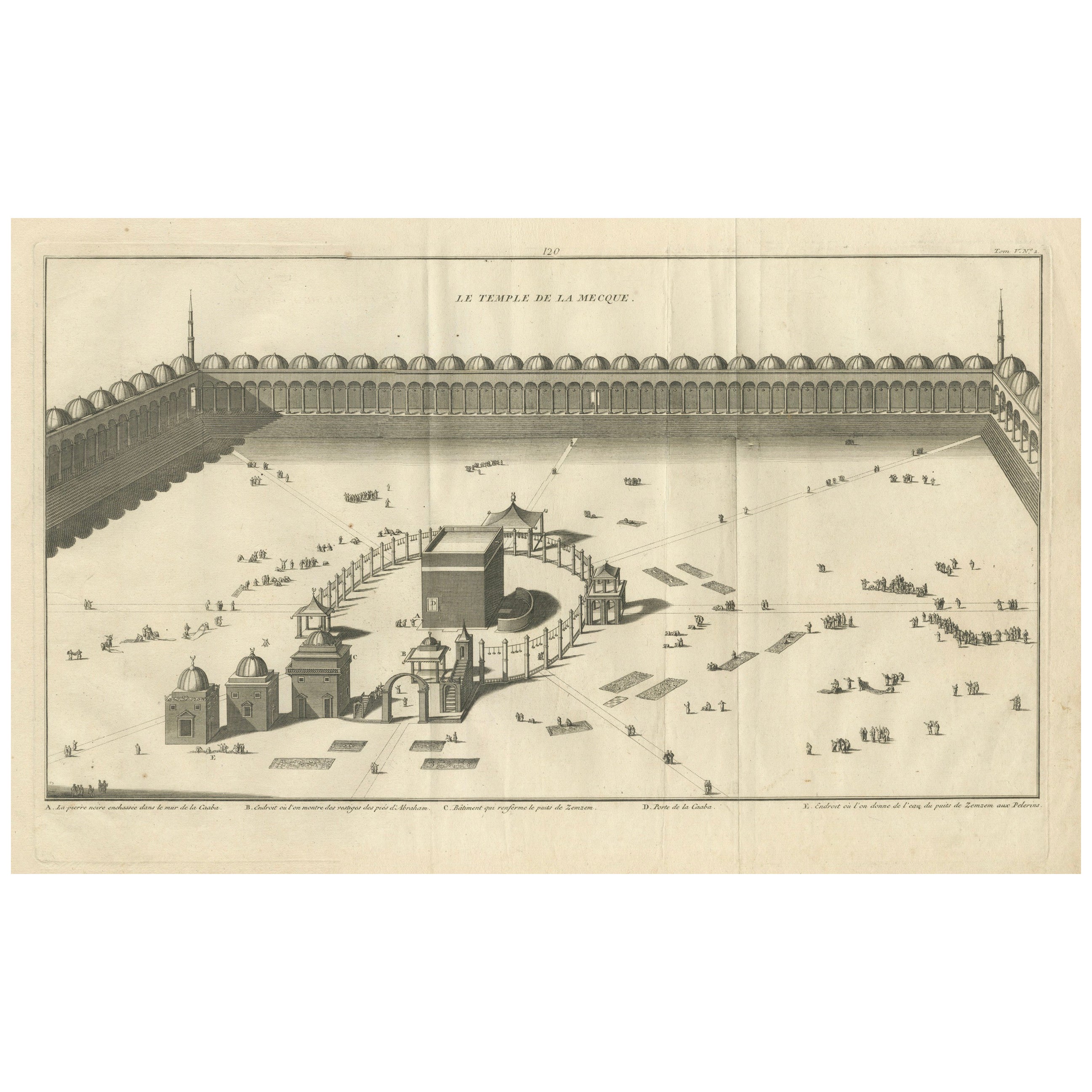 Rare gravure de la Grande Mosque de la Mecque (Masjid al-Haram) par Picart, 1783