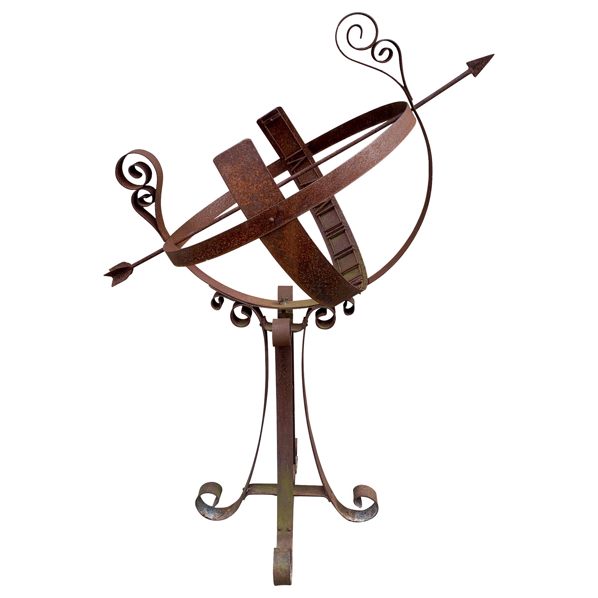 Vintage English Country Classical Wrought Iron Garden Armillary Sundial on Stand