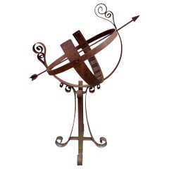 Vintage English Country Classical Wrought Iron Garden Armillary Sundial on Stand