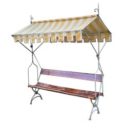 19Th Century, Italian Garden Wood and Wrought Iron Bench with Cloth Canopy