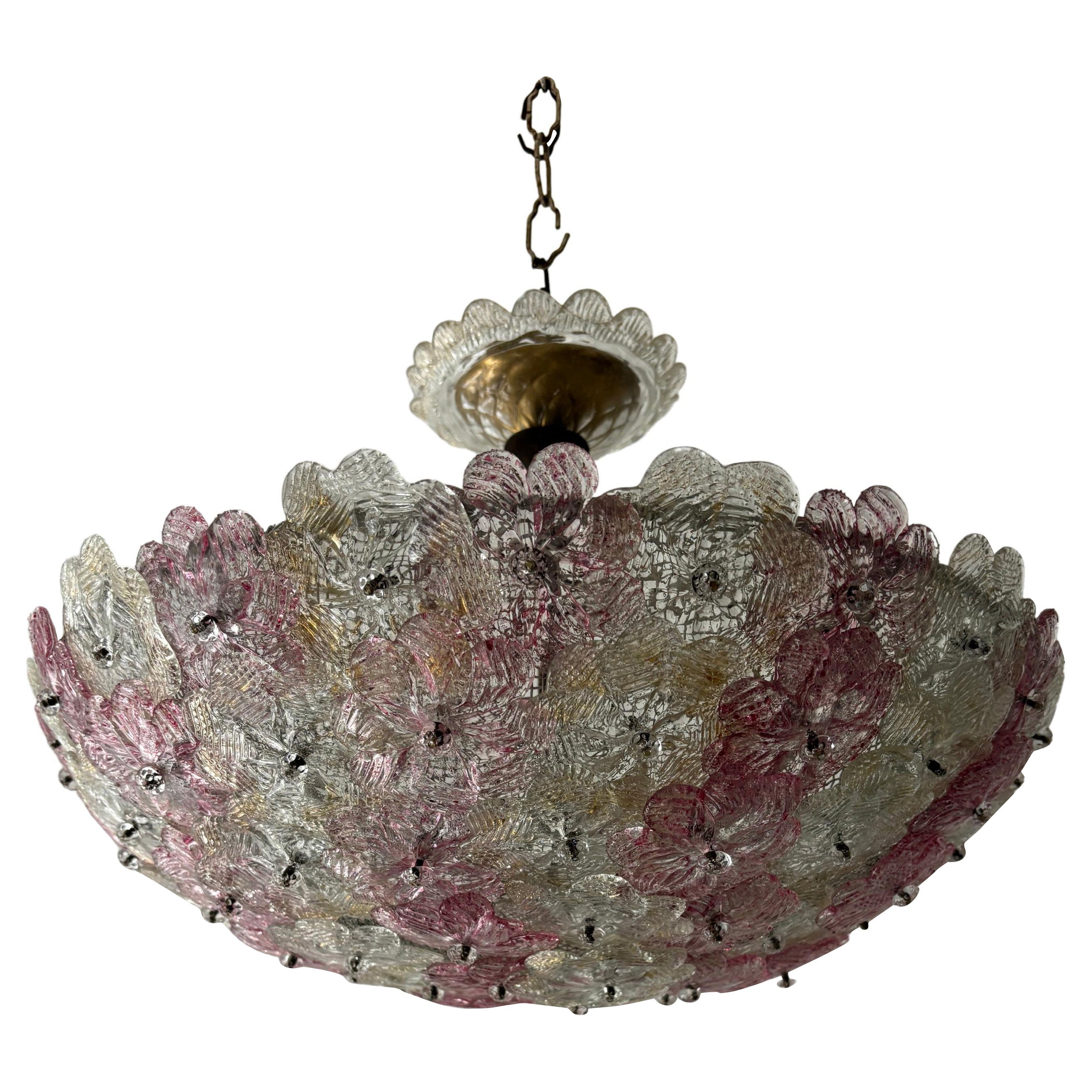 Big Multicolor Barovier & Toso Murano Pink Flowers RARE Glass Canopy Chandelier For Sale