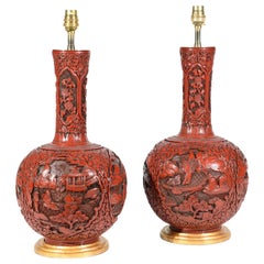 Antique Pair of Red Cinnabar Lacquer 19th Century Table Lamps