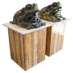 1970s Pair of Hand-Carved Green Marble Frogs with travertine base