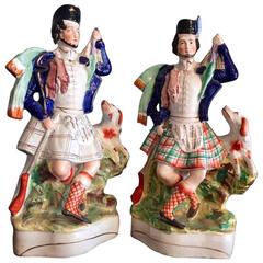 Antique Pair of Staffordshire Hunters with Their Dogs