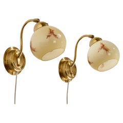 EWÅ Värnamo, Wall Lights, Brass, Glass, Sweden, 1970s