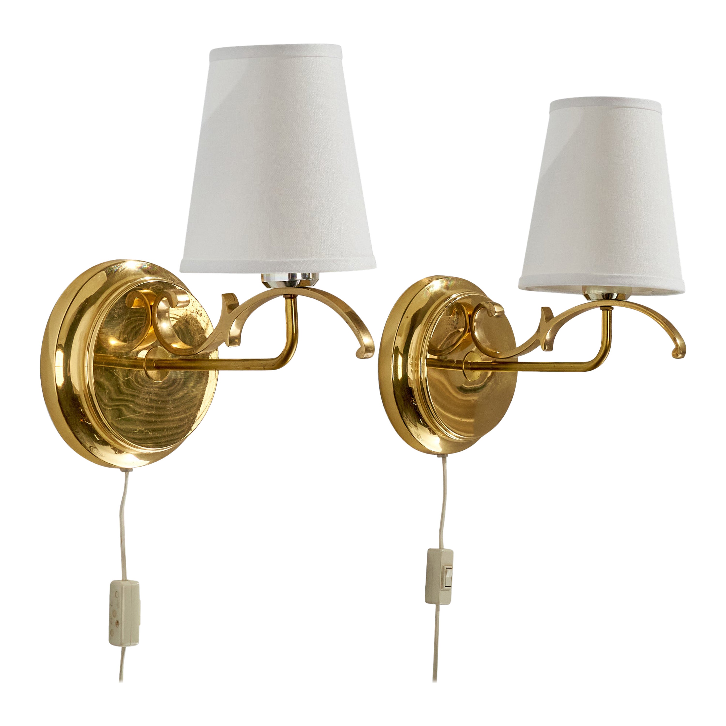TSAR, Wall Lights, Brass, Fabric, Sweden, 1970s