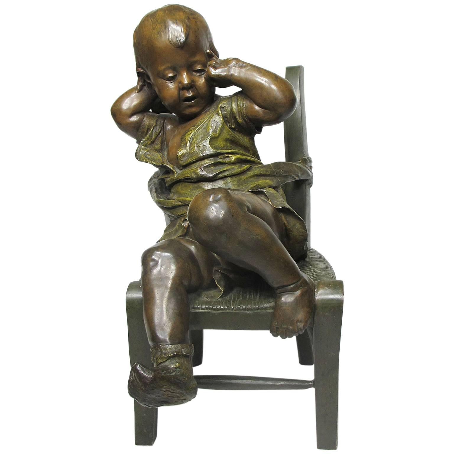 French 19th Century Patinated Bronze Sculpture an Infant Girl Seated in a Chair