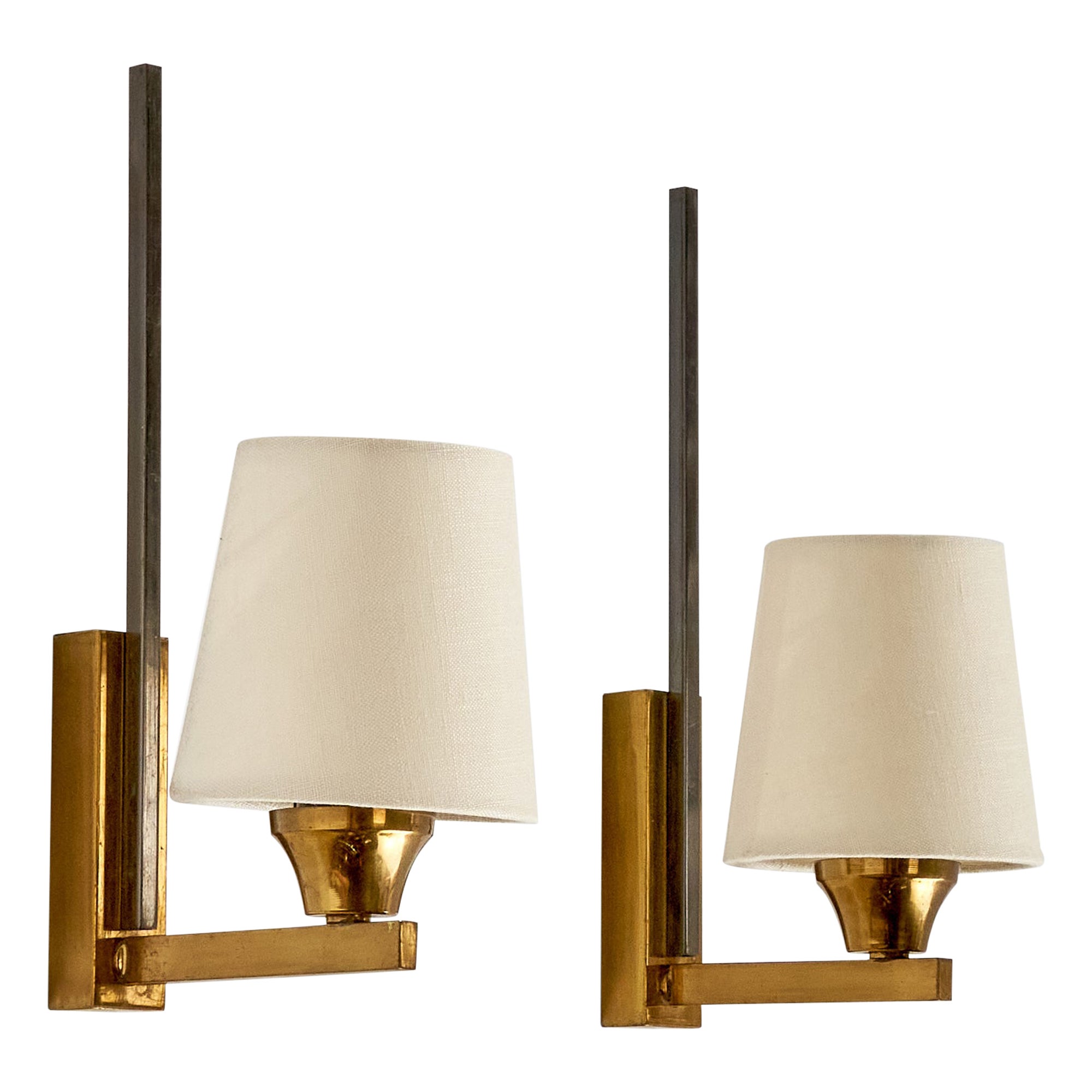 French Designer, Wall Lights, Brass, Metal, Fabric, France, 1950s For Sale