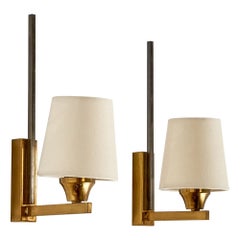 French Designer, Wall Lights, Brass, Metal, Fabric, France, 1950s