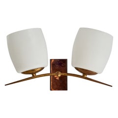 French Designer, Wall Light, Brass, Copper, Glass, France, 1950s