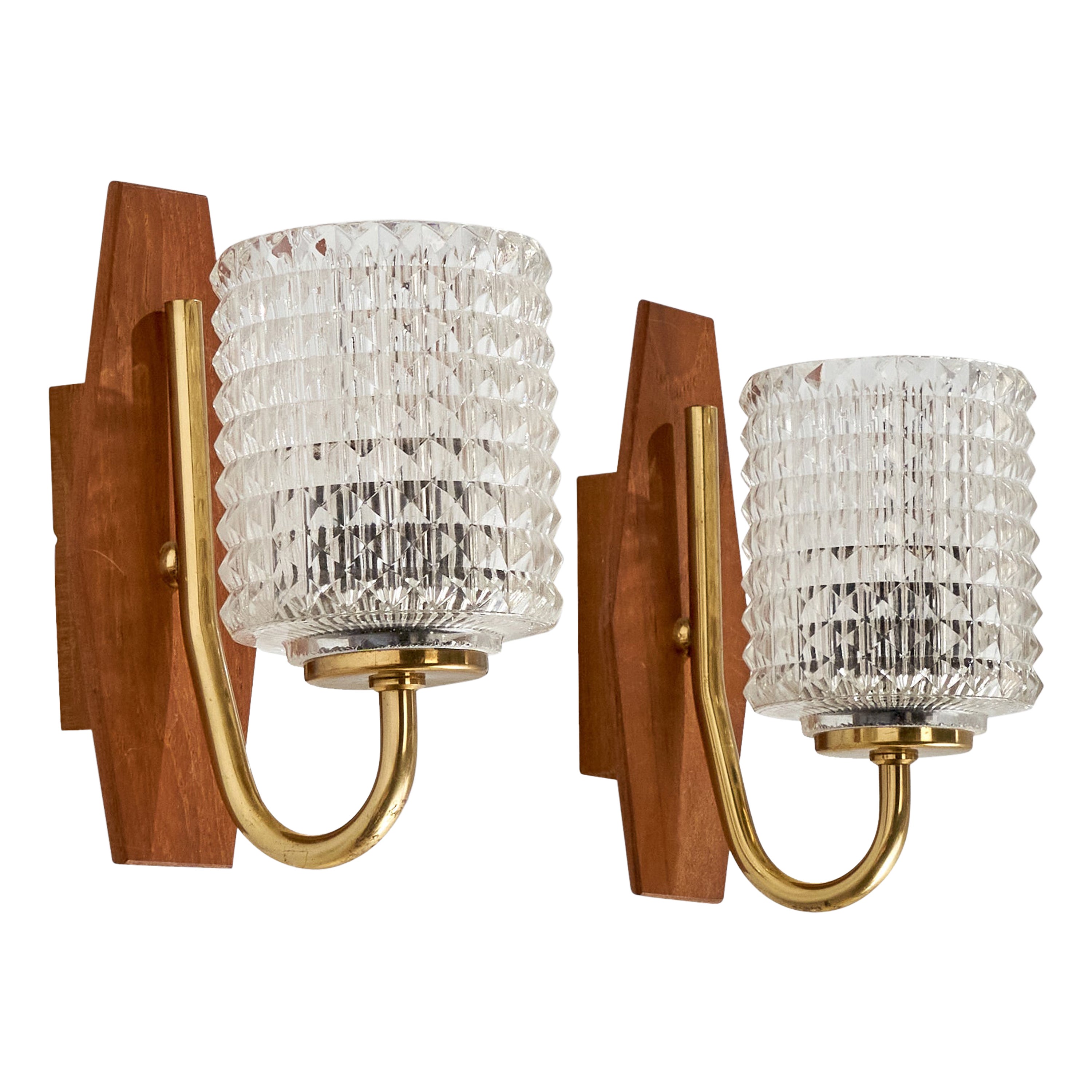 Schwedischer Designer, Wandleuchten, Messing, Teakholz, Glas, Schweden, 1950er Jahre